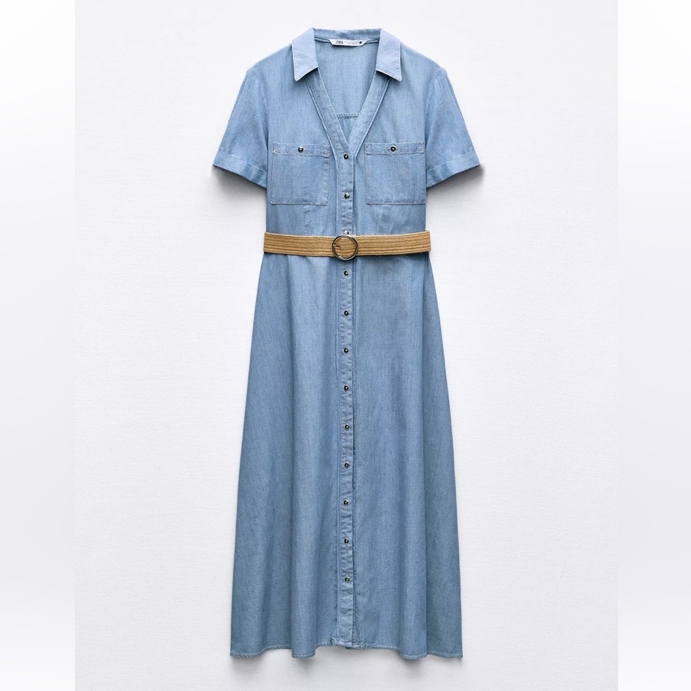 Worn once - Zara Blue Denim Midi Dress with Tan Belt